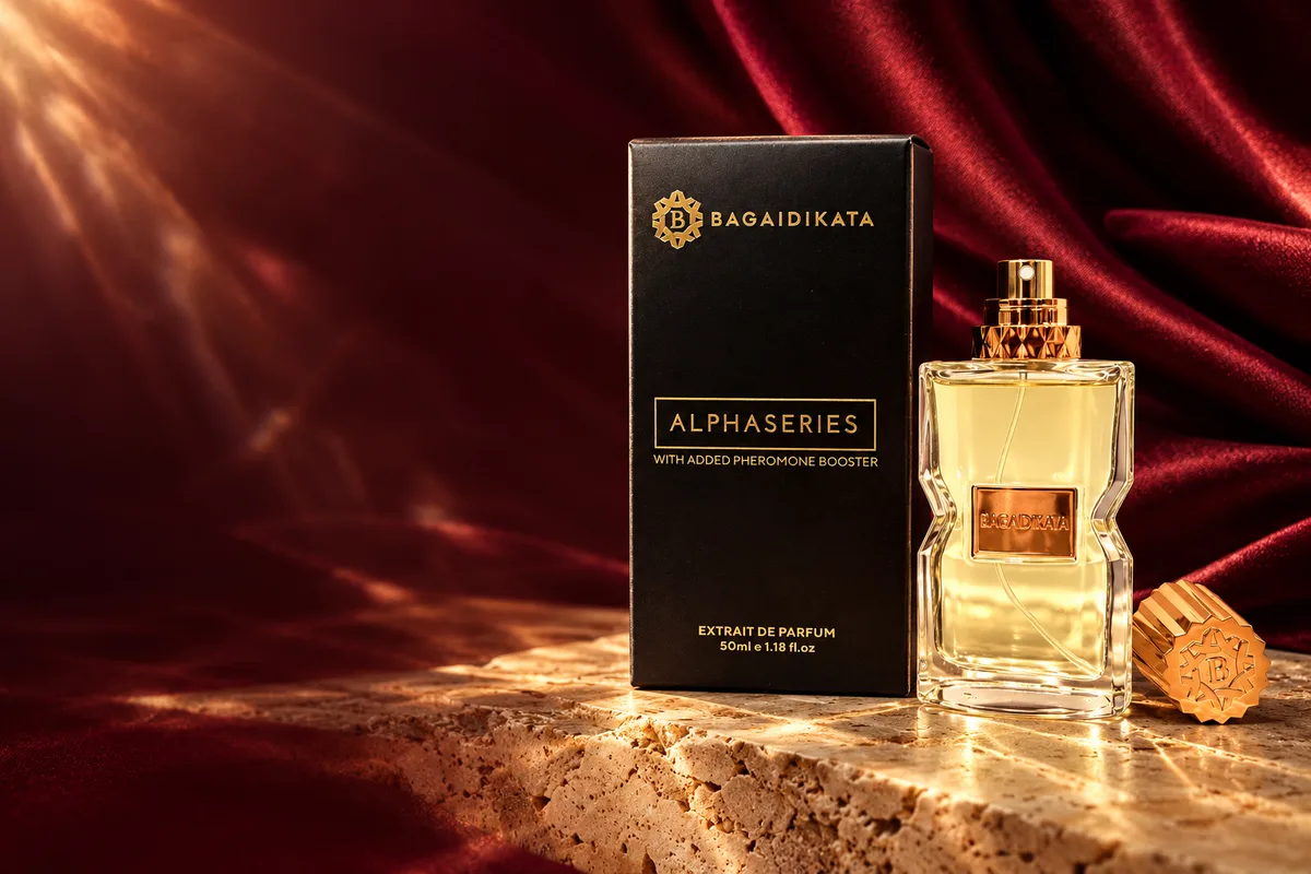 Alphafemale V1 with Pheromone Booster dalam gaya fotografi editorial burgundy dan champagne