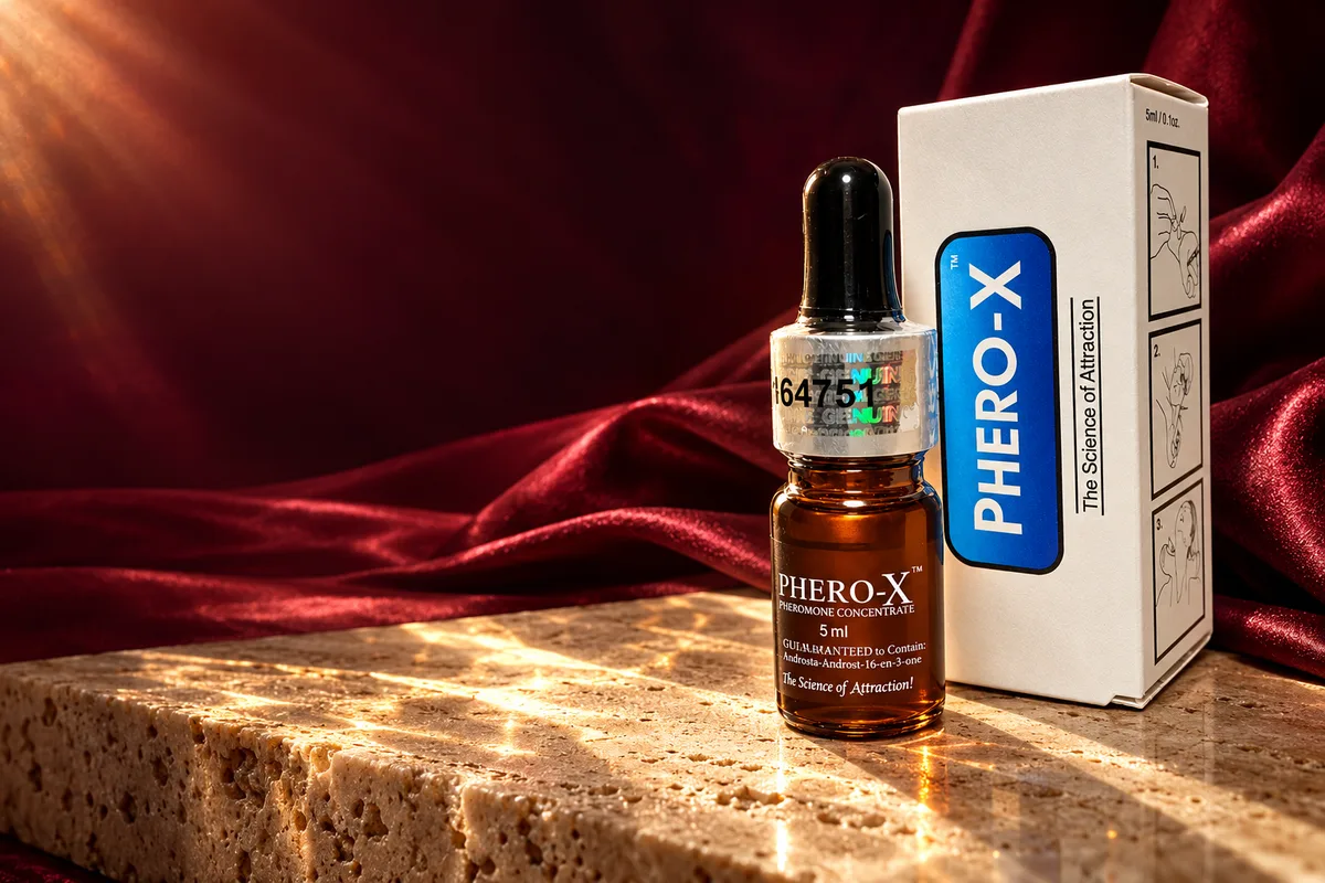 Phero-X Pheromone dalam gaya fotografi editorial burgundy dan champagne