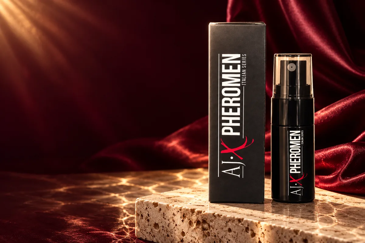 AJX Pheromen (Spray) dalam gaya fotografi editorial burgundy dan champagne